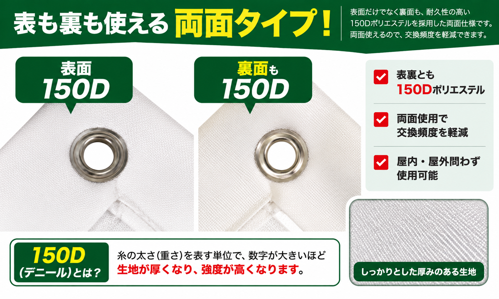 ゴルフスクリーンの表面と裏面に150Dポリエステルを採用した両面使用可能な仕様。